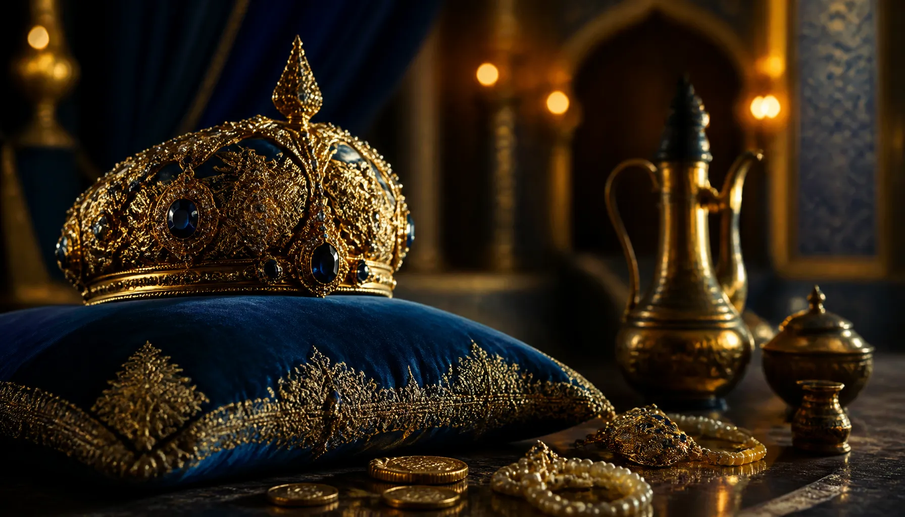 Ornate golden treasure chest overflowing with jewels and coins on a richly decorated Arabian palace floor with warm candlelig